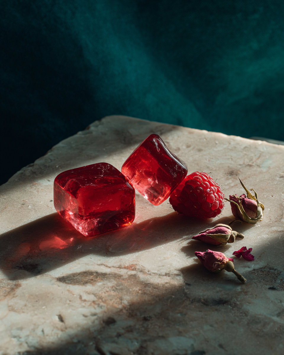 Gummies de colágeno Nuvra HSN-G01 con frambuesa — producto editorial fondo teal oscuro