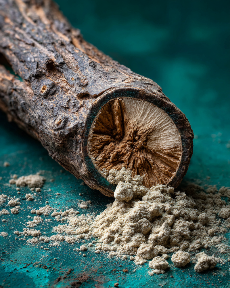 Raíz de ashwagandha seca en primer plano — extracto KSM-66 de AW-G01 Nuvra