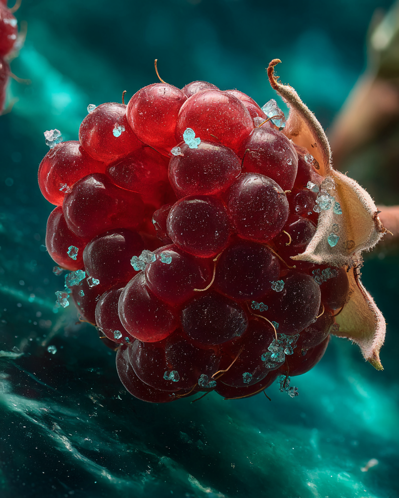 Frambuesa partida con pétalos secos y péptidos de colágeno — ingrediente HSN-G01 Nuvra